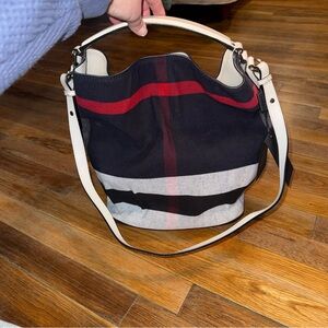 BURBERRY Authentic Canvas Mega Check  Ashby Hobo Saddle Bag Navy/ White / Red